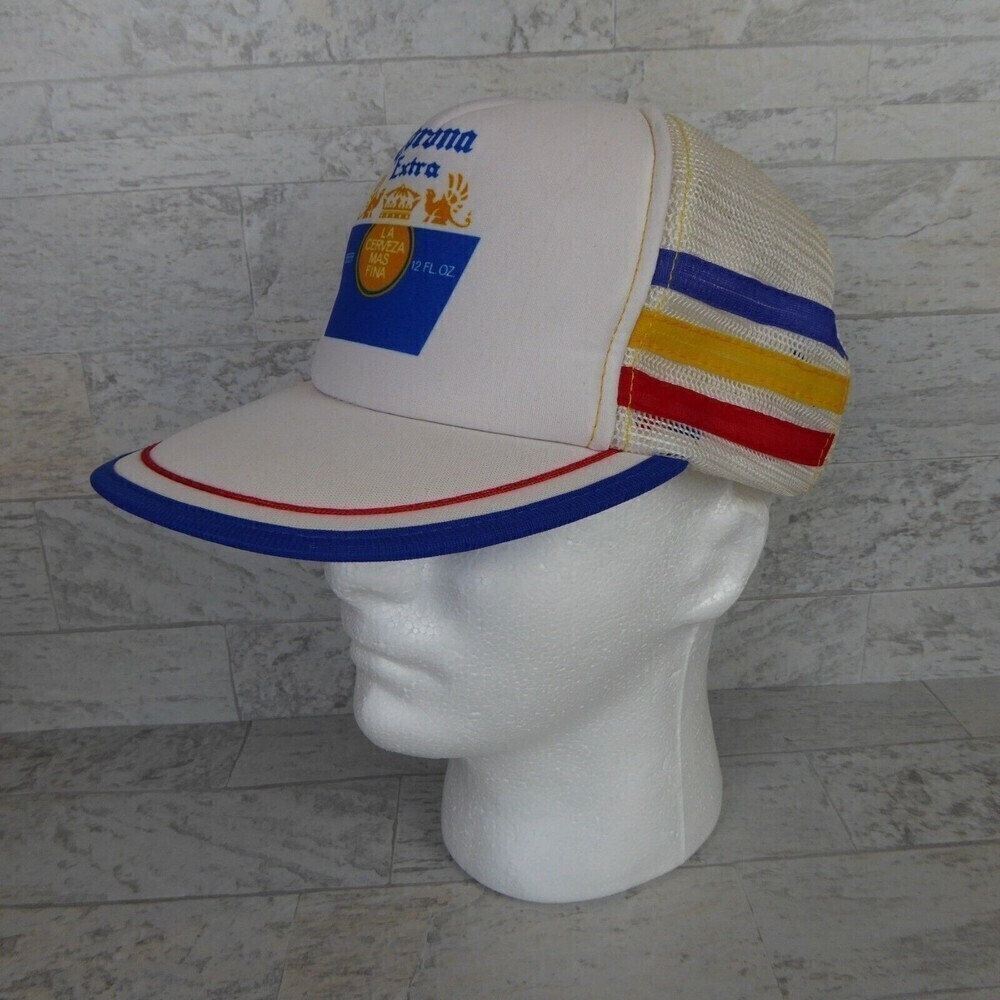Vintage Corona  Extra 3 Stripe Mesh Trucker Hat Cap Snapback White Blue Cerveza